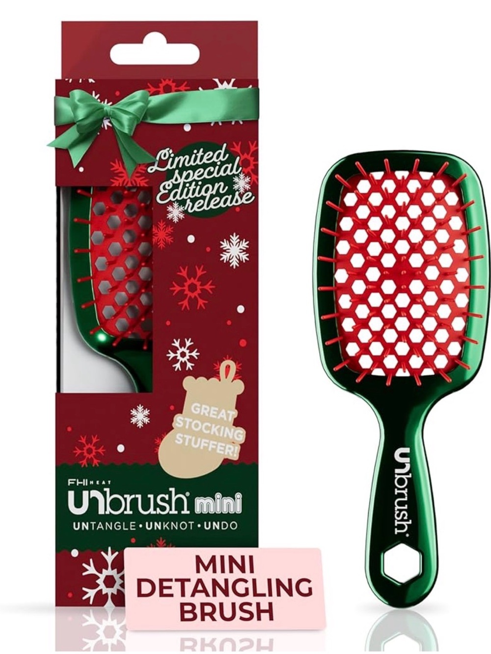 Unbrush Mini Detangling Brush - Green & Red Holiday Edition